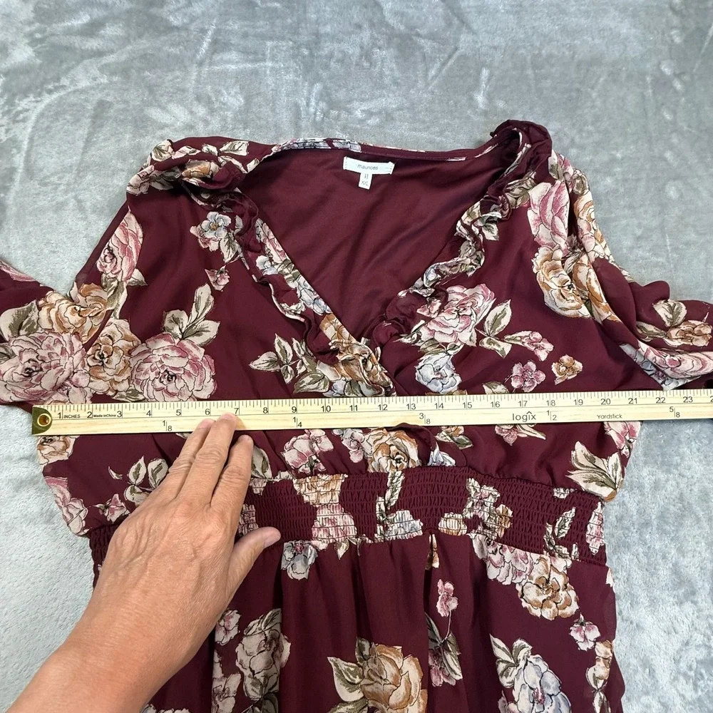 Maurices XXL Burgundy Floral Ruffle Faux Wrap Dress Long Sleeve Boho Midi - Picture 12 of 16
